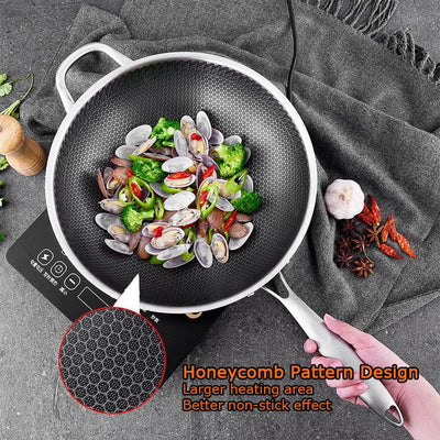 304 Stainless Steel 34cm Non-Stick Stir Fry Cooking Kitchen Wok Pan with Lid Honeycomb Double Sided Payday Deals