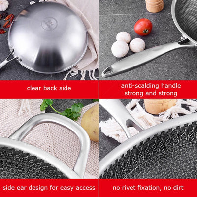 304 Stainless Steel 34cm Non-Stick Stir Fry Cooking Kitchen Wok Pan with Lid Honeycomb Single Sided Payday Deals