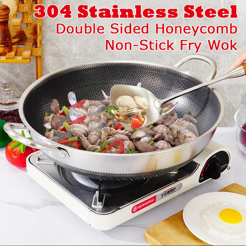 304 Stainless Steel 36cm Double Ear Non-Stick Stir Fry Cooking Kitchen Wok Pan without Lid Honeycomb Double Sided Payday Deals