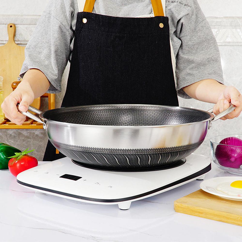 304 Stainless Steel 36cm Double Ear Non-Stick Stir Fry Cooking Kitchen Wok Pan without Lid Honeycomb Double Sided Payday Deals