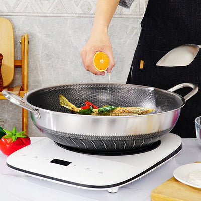 304 Stainless Steel 36cm Double Ear Non-Stick Stir Fry Cooking Kitchen Wok Pan without Lid Honeycomb Double Sided Payday Deals