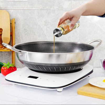 304 Stainless Steel 36cm Double Ear Non-Stick Stir Fry Cooking Kitchen Wok Pan without Lid Honeycomb Double Sided Payday Deals