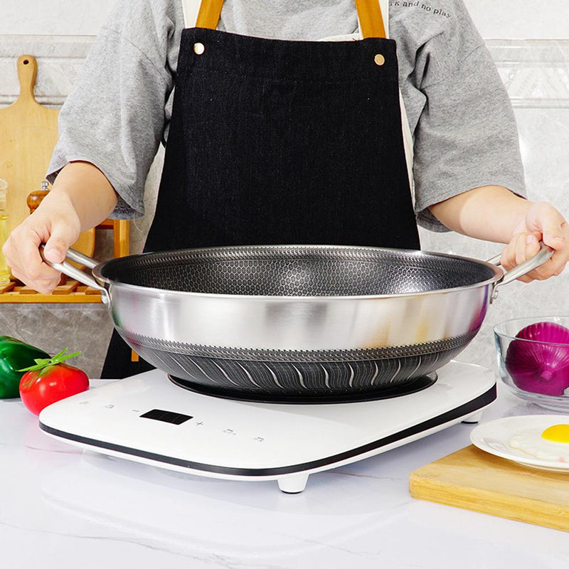 304 Stainless Steel 40cm Double Ear Non-Stick Stir Fry Cooking Kitchen Wok Pan without Lid Honeycomb Double Sided Payday Deals