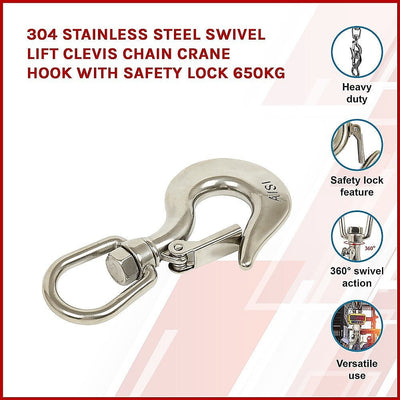 304 Stainless Steel Swivel Lift Clevis Chain Crane Hook with Safety Lock 650kg Payday Deals