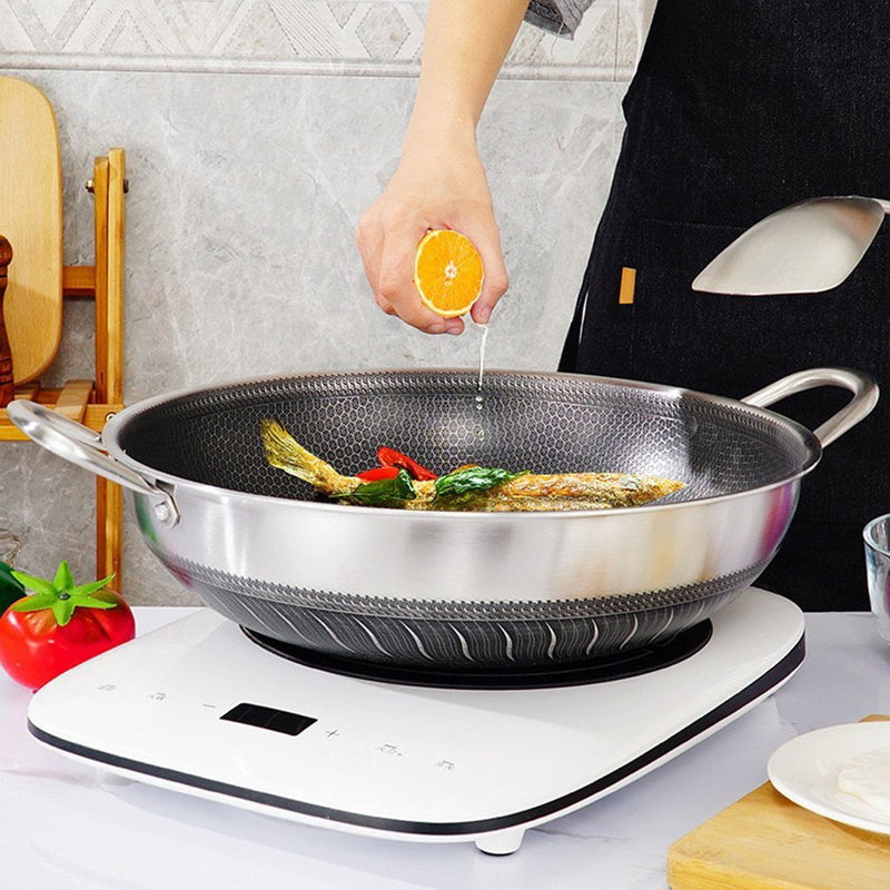 316 Stainless Steel 38cm Double Ear Non-Stick Stir Fry Cooking Kitchen Wok Pan without Lid Honeycomb Double Sided Payday Deals