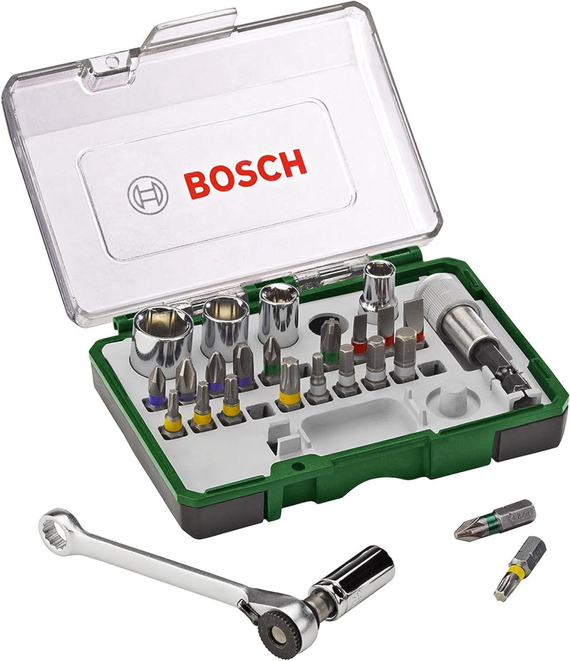 Bosch Accessories 27-Piece Screwdriver Bit and Ratchet Set (with Colour Coding, Accessories for Screwdrivers)