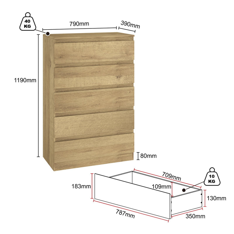 5 Chest of Drawers Tallboy Dresser With Bedside Table