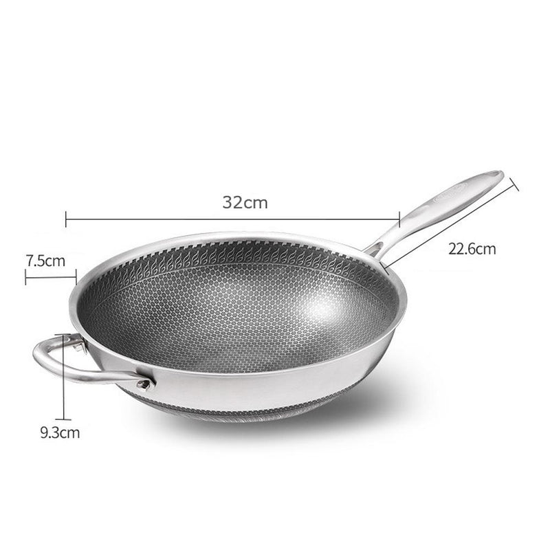 32cm 304 Stainless Steel Non-Stick Stir Fry Cooking Kitchen Honeycomb Wok Pan with Lid Payday Deals
