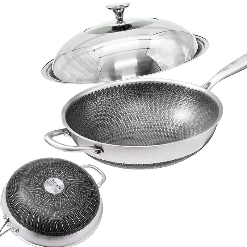 32cm 316 Stainless Steel Non-Stick Stir Fry Cooking Kitchen Wok Pan with Lid Honeycomb Double Sided Payday Deals