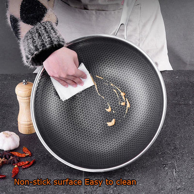 32cm 316 Stainless Steel Non-Stick Stir Fry Cooking Kitchen Wok Pan with Lid Honeycomb Double Sided Payday Deals