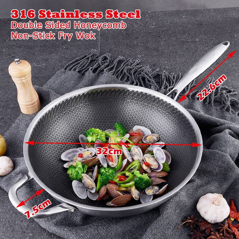 32cm 316 Stainless Steel Non-Stick Stir Fry Cooking Kitchen Wok Pan with Lid Honeycomb Double Sided Payday Deals