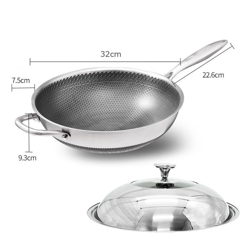 32cm 316 Stainless Steel Non-Stick Stir Fry Cooking Kitchen Wok Pan with Lid Honeycomb Double Sided Payday Deals