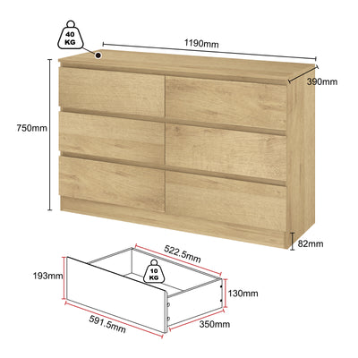 6 Chest of Drawers Lowboy Dresser Storage Cabinet Bedroom Oak