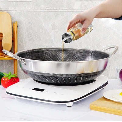34cm 316 Stainless Steel Double Ear Non-Stick Stir Fry Cooking Kitchen Wok Pan without Lid Honeycomb Double Sided