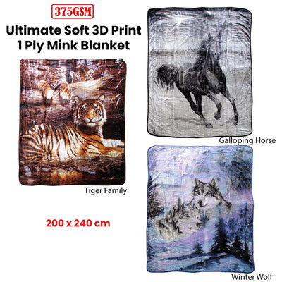 375gsm 1 Ply 3D Print Faux Mink Blanket Queen 200x240 cm Tiger Family Payday Deals