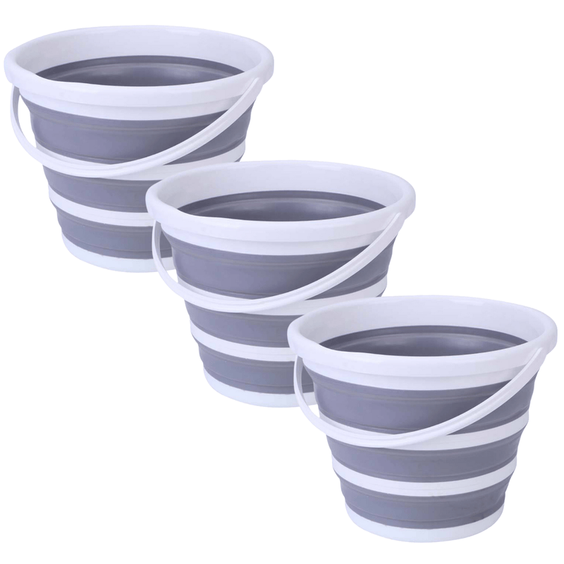 3x 10L Foldable Collapsible Bucket Silicone Hiking/Camping/Fishing - Grey/White Payday Deals