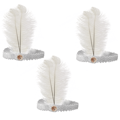 3x 1920s FLAPPER HEADBAND Headpiece Feather Sequin Charleston Costume Gatsby - White