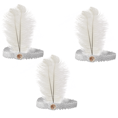 3x 1920s FLAPPER HEADBAND Headpiece Feather Sequin Charleston Costume Gatsby - White Payday Deals