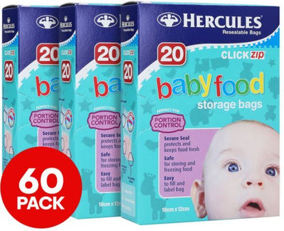 3x Hercules Pk20 10cm x 12cm Resealable Click Zip Baby Food Storage Bags Packaging