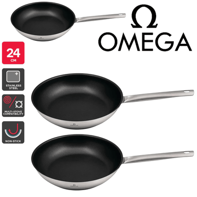 3x Omega Non-Stick Fry Pan 24cm (18/10 Stainless Steel) Frying 1880 Collection Payday Deals