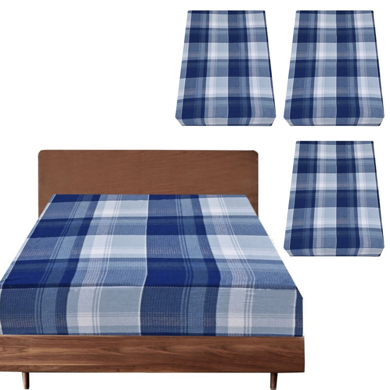 3x Queen Luxury 100% Cotton Flannelette Fitted Bed Sheet - Blue Check Print Payday Deals