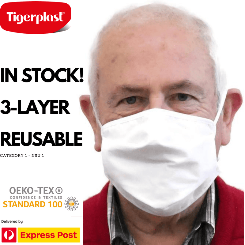 3x Tigerplast Fabric Face Mask Washable Reusable Mask Protect Anti-Microbial Mouth Cover - White Payday Deals