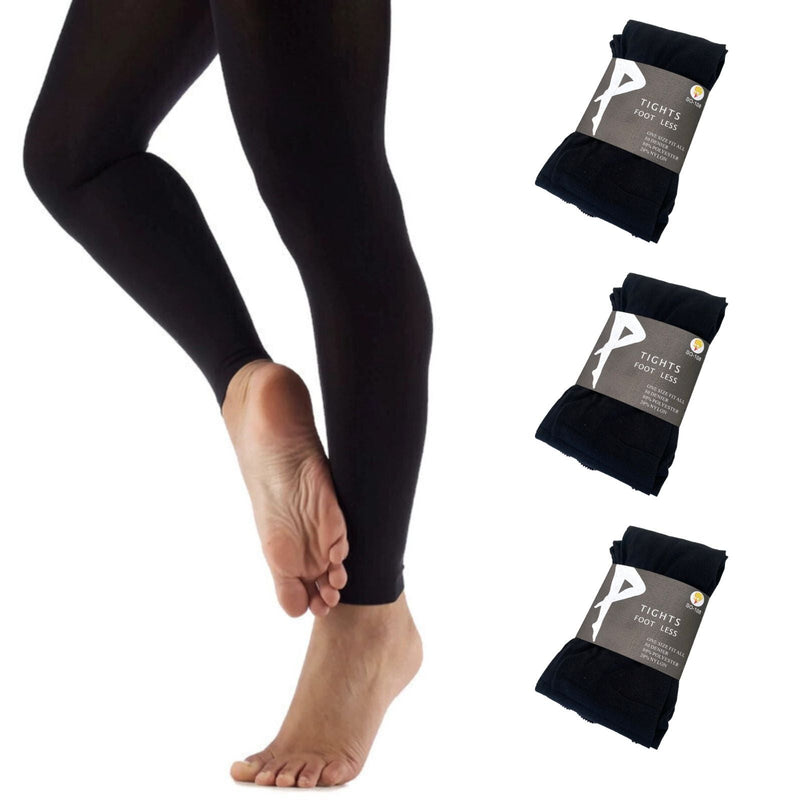 3x Womens Ladies Footless Tights Stockings Pantyhose Leg Hosiery Thermal - Black Payday Deals