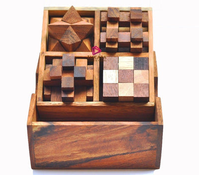 4 individual brainteaser wooden puzzles in a gift wooden box Payday Deals