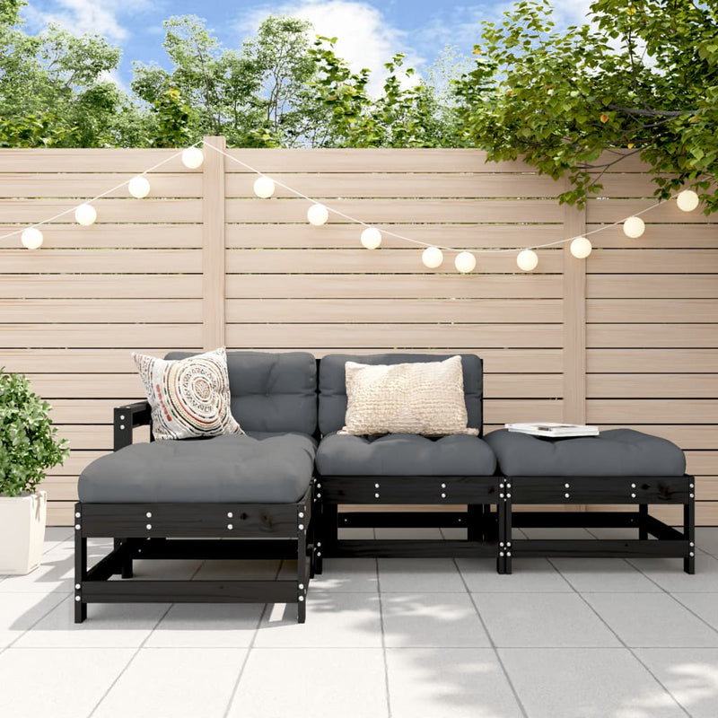 4 Piece Garden Lounge Set with Cushions Black Solid Wood Payday Deals