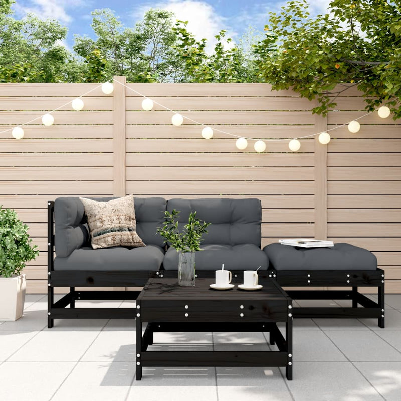 4 Piece Garden Lounge Set with Cushions Black Solid Wood Payday Deals