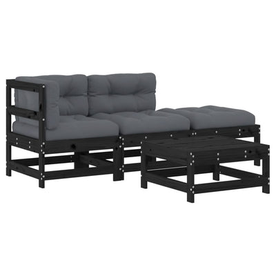 4 Piece Garden Lounge Set with Cushions Black Solid Wood Payday Deals
