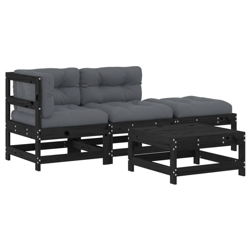 4 Piece Garden Lounge Set with Cushions Black Solid Wood Payday Deals