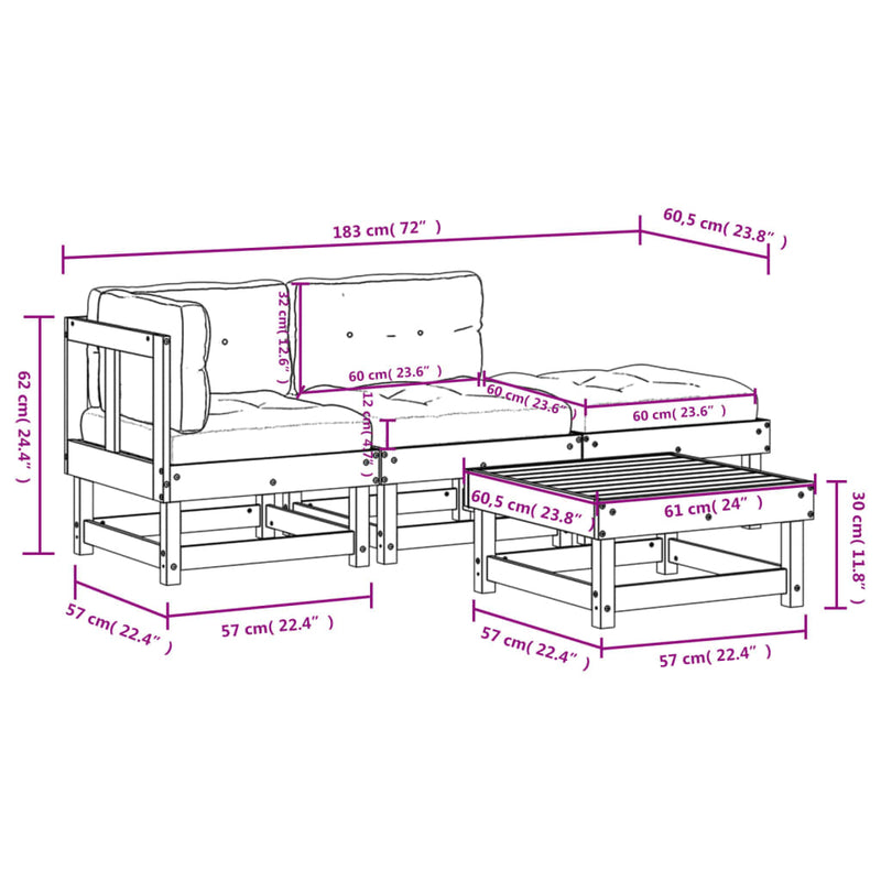 4 Piece Garden Lounge Set with Cushions White Solid Wood Payday Deals