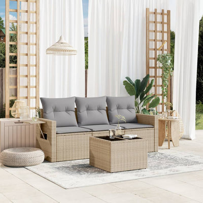 4 Piece Garden Sofa Set with Cushions Beige Poly Rattan