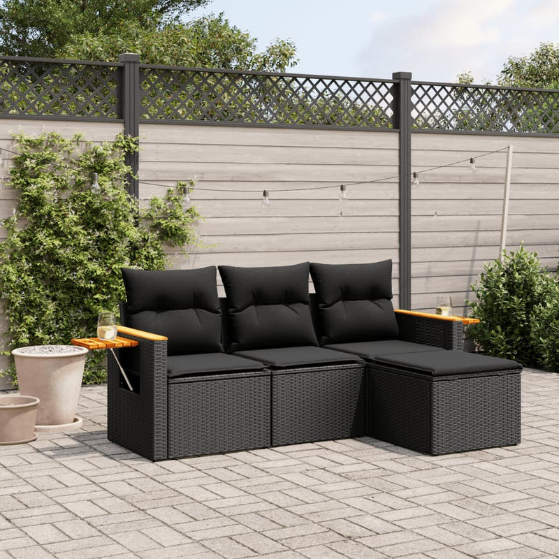 4 Piece Garden Sofa Set with Cushions Black Poly Rattan Payday Deals