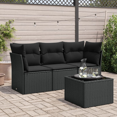 4 Piece Garden Sofa Set with Cushions Black Poly Rattan