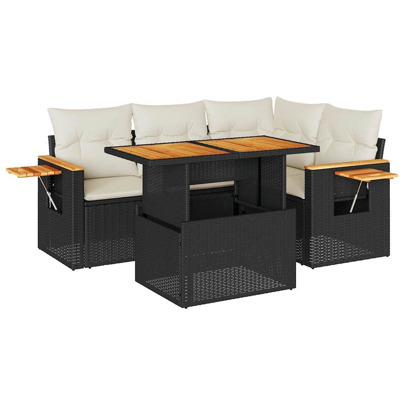 4 Piece Garden Sofa Set with Cushions Black Poly Rattan Acacia Payday Deals