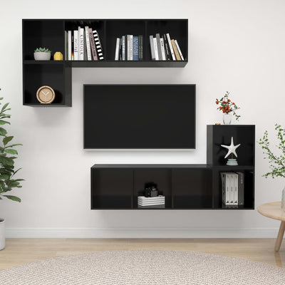 4 Piece TV Cabinet Set High Gloss Black Engineered Wood