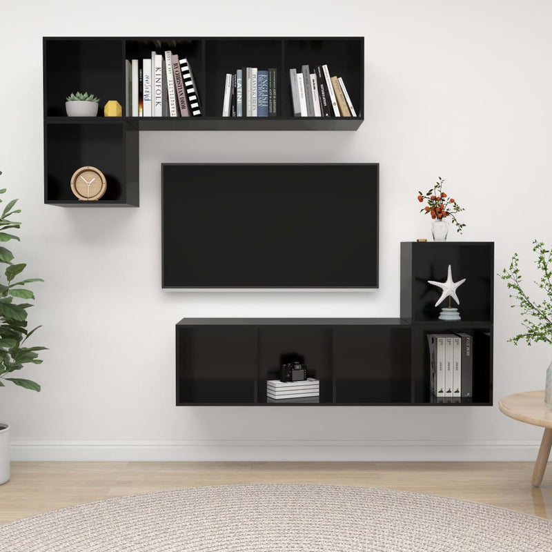 4 Piece TV Cabinet Set High Gloss Black Engineered Wood Payday Deals