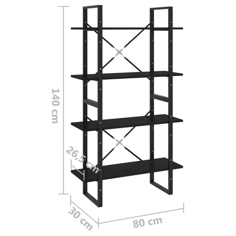 4-Tier Book Cabinet Black 80x30x140 cm Solid Pine Wood Payday Deals