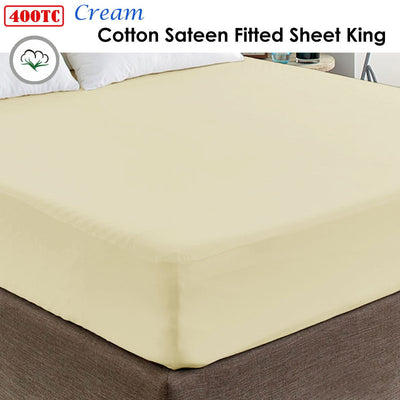 400TC Cream 100% Cotton Sateen Fitted Sheet King Payday Deals