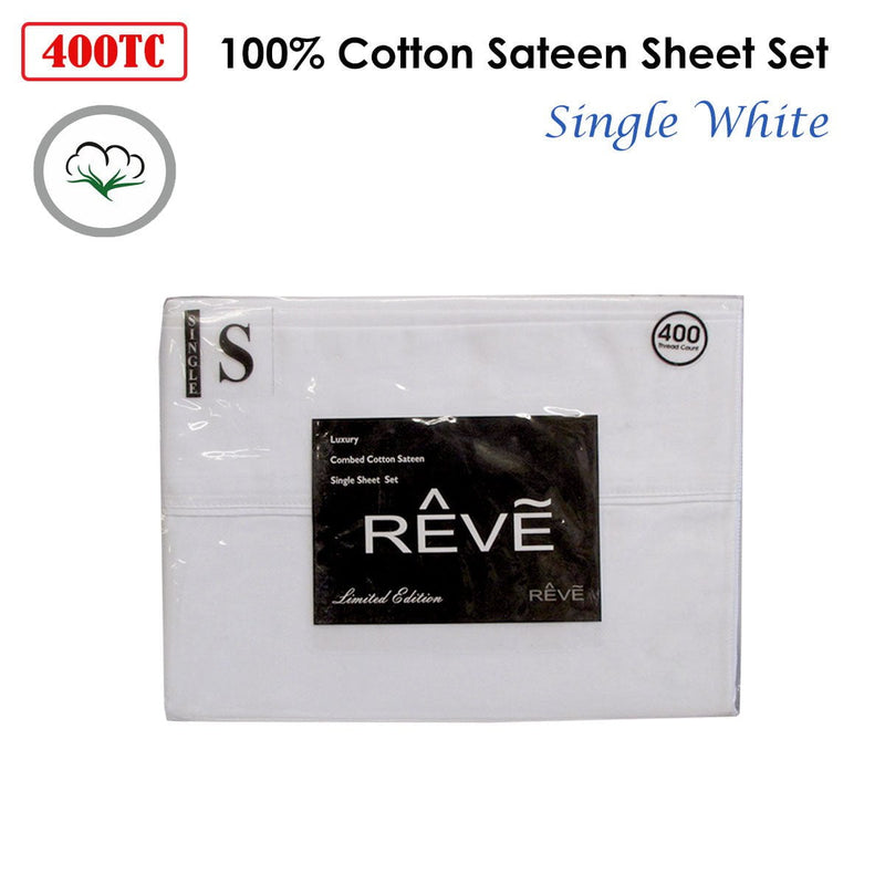 400TC Reve 100% Cotton Sateen Sheet Set White Single Payday Deals