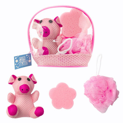 Fun in the Bath Pig Shaped Animal Mesh Plush Sponge And Loofa Bath Gift Set