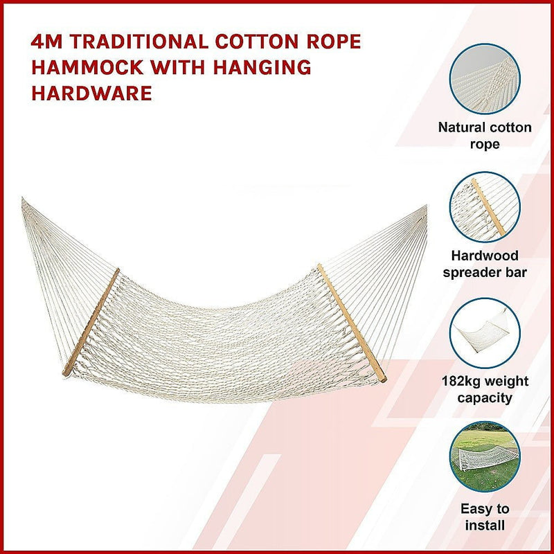 4m Traditional Cotton Rope Hammock with Hanging Hardware Payday Deals