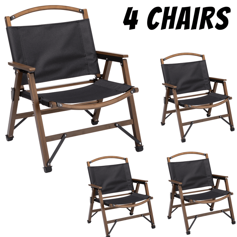 4x Bamboo Canvas Foldable Outdoor Camping Chair Wooden Travel Picnic Park - Black Payday Deals