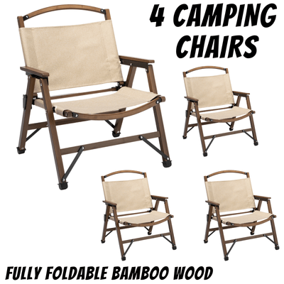 4x Bamboo Foldable Outdoor Camping Chair Wooden Travel Picnic Park Folding - Khaki/Beige Payday Deals