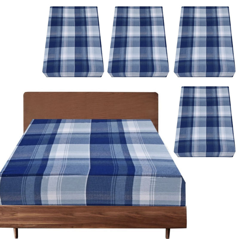 4x Queen Luxury 100% Cotton Flannelette Fitted Bed Sheet - Blue Check Print Payday Deals