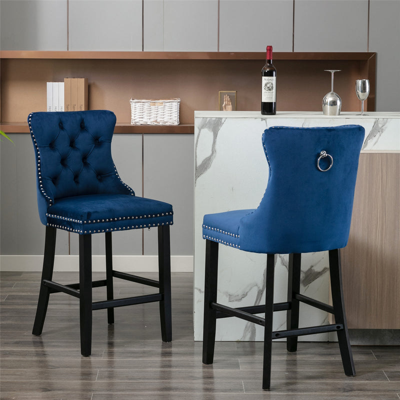 4X Velvet Bar Stools with Studs Trim Wooden Legs Tufted Dining Chairs Kitchen Payday Deals