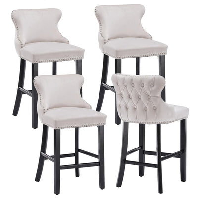 4x Velvet Upholstered Button Tufted Bar Stools with Wood Legs and Studs-Beige