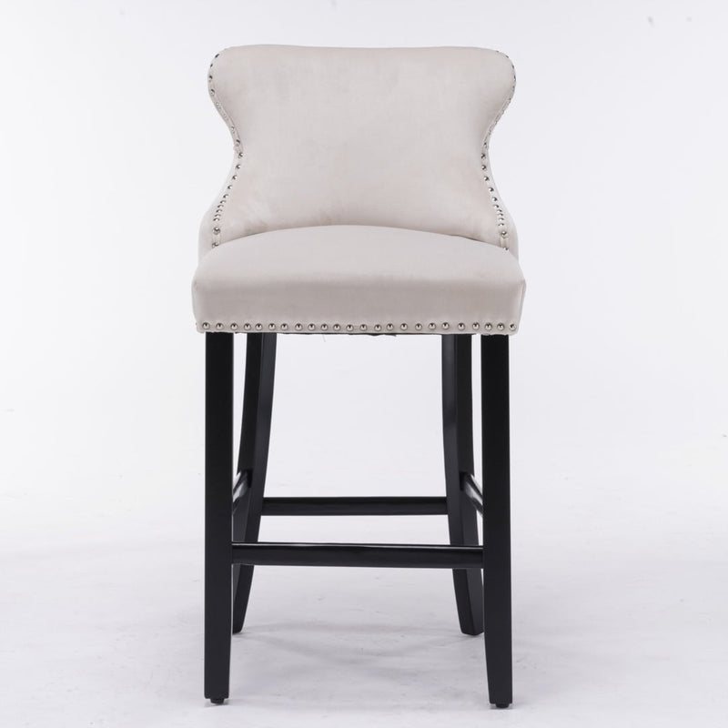 4x Velvet Upholstered Button Tufted Bar Stools with Wood Legs and Studs-Beige Payday Deals